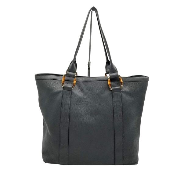 GUCCI Gray Leather Tote Large Bamboo Goldtone Double Strap - Picture 2 of 16